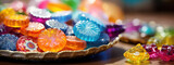 Close-up of Colorful Ramadan Eid Candy, Traditional Ottoman Candy on minimal background with copy space. Traditional national holiday candy sweets.