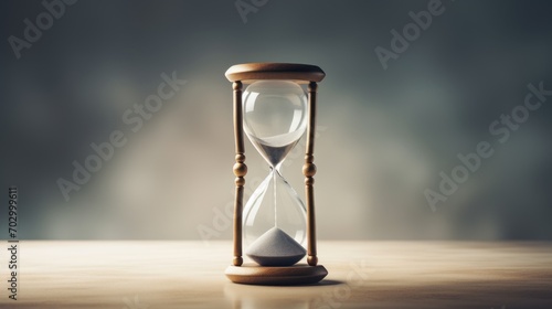  an hourglass sitting on a table in front of a blurry image of the sand coming through the glass.