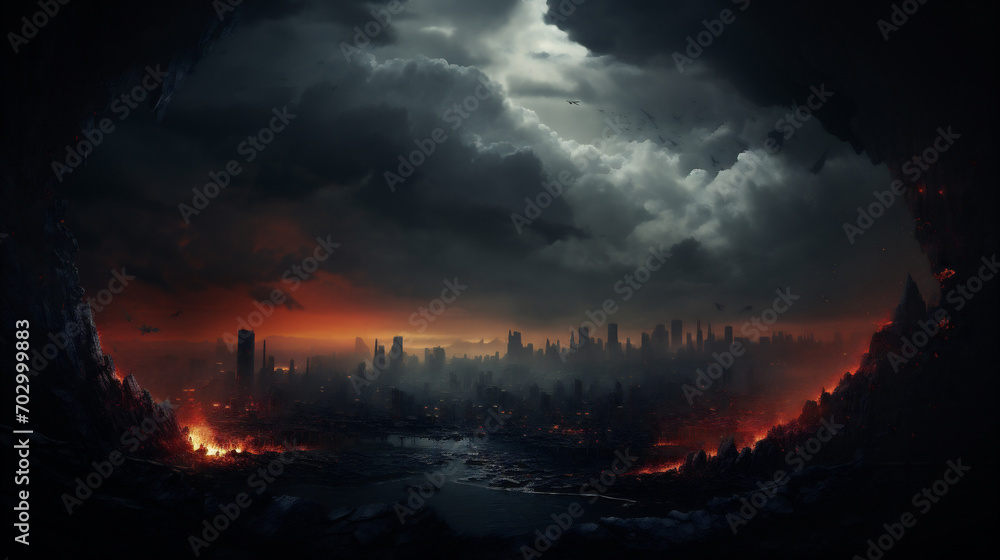 Obraz premium Concept of End of the World, good and bad, dark scenery. realistic. AI Generative