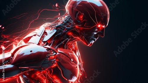 High-tech robot with red energy in the form of lightning, AI