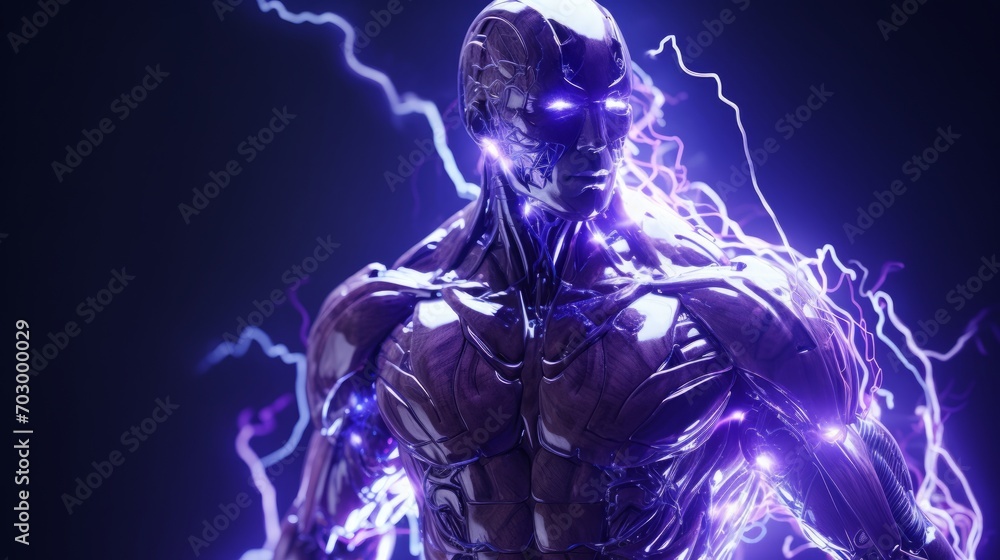 High-tech robot with purple energy in the form of lightning, AI High-tech robot with purple energy in the form of lightning, AI