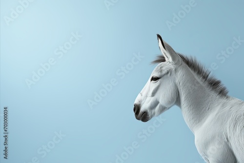Happy donkey poses on solid pastel background for fashion studio shot with copy space