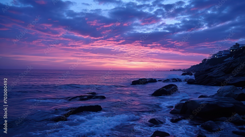 Naklejka premium A stunning view of the sunrise at blue hour, with a serene atmosphere and the beauty of the sky painted in shades of blue and purple
