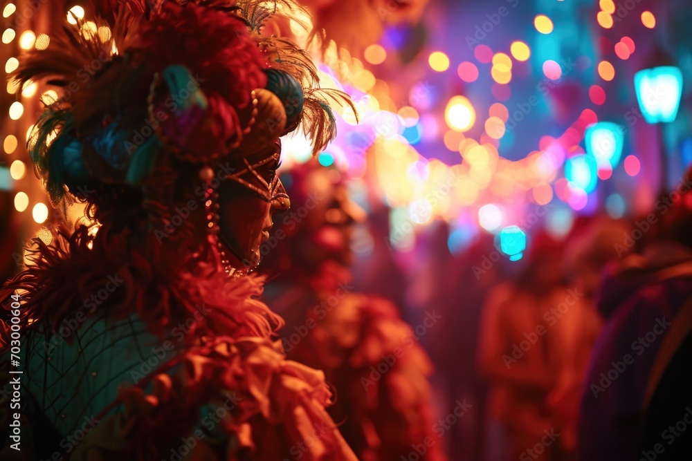 Step into the lively world of a Purim carnival, where participants sport extravagant costumes and vibrant masks, illuminated by the evening lights that create a festive atmosphere