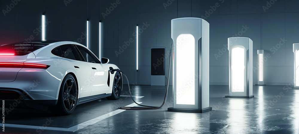 Electric car charging stand next to white electric car with copy space