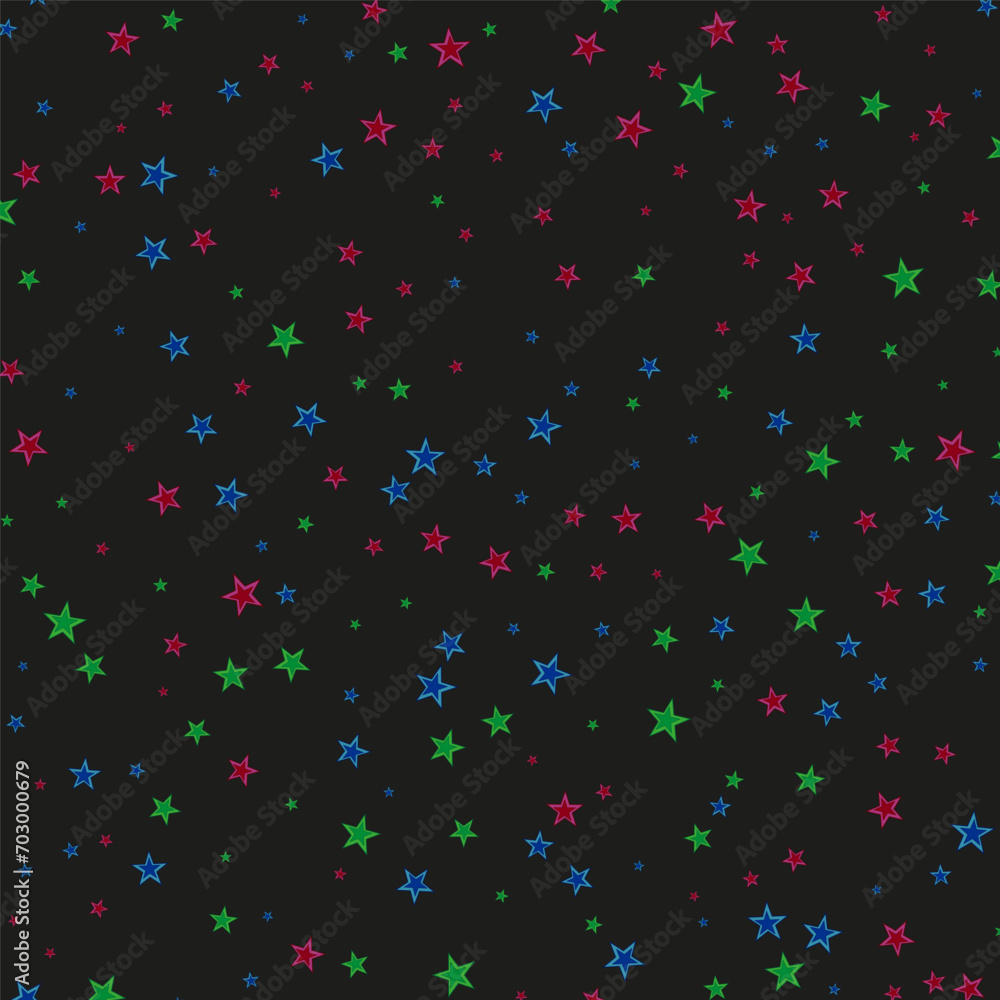 Festive beautiful joyful pattern with multicolored purple, blue, green, vector stars on a black background. Dark abstract background with blue, green, and purple stars. Beautiful holiday background