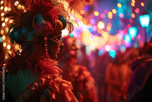 Step into the lively world of a Purim carnival  where participants sport extravagant costumes and vibrant masks  illuminated by the evening lights that create a festive atmosphere