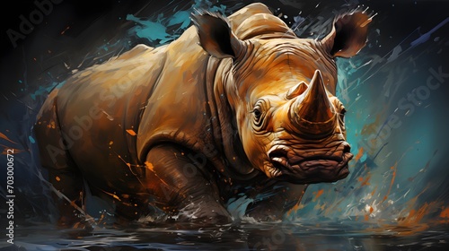 Dynamic Digital Watercolor Wallpaper of a Rhinoceros Emerging From Water With Splashing Effects © Skrotaa