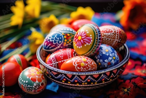 Easter eggs in various hues, thoughtfully arranged in a basket against the backdrop of springtime flowers, creating a festive and vivid tableau photo