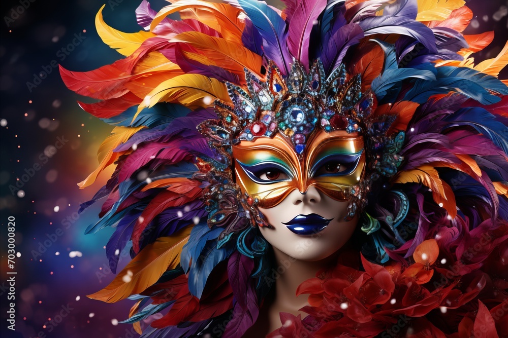Vibrant carnival mask on bright solid color background with ample copy space for text placement