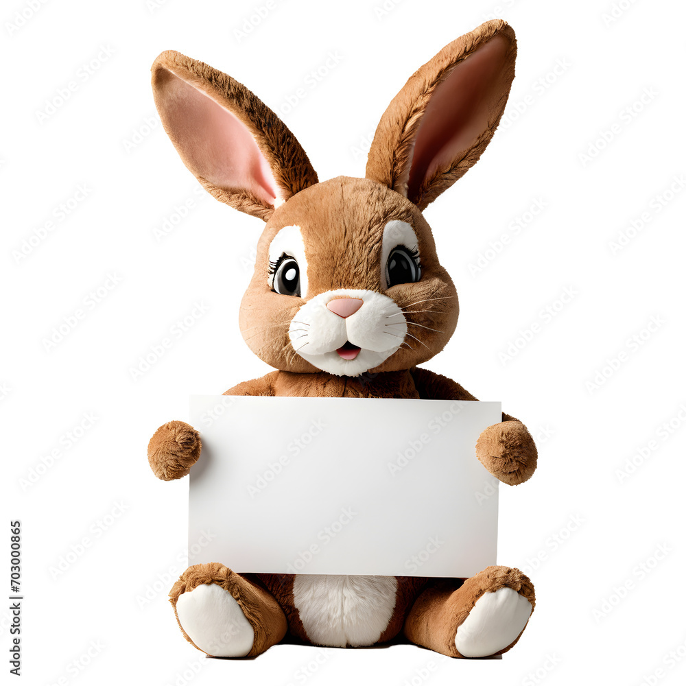 Obraz premium cute stuffed bunny holding a empty sign isolated against transparent background 
