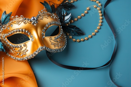 Elaborately decorated carnival mask on vibrant background with open space for text placement