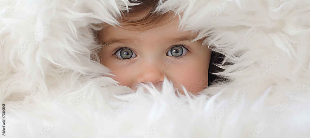 Curious child with blue eyes peeks from under white blanket, perfect for text placement Curious child with blue eyes peeks from under white blanket, perfect for text placement