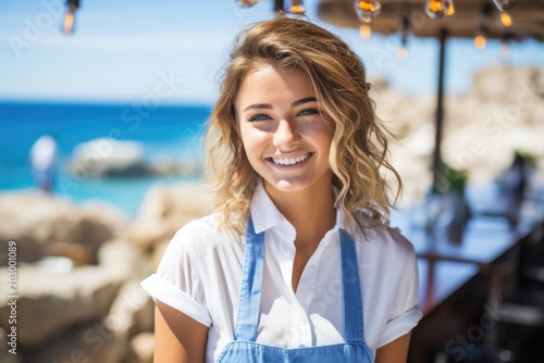 Seaside Mix Maven: Behind the bar on the ocean shore, a girl bartender showcases her mixology expertise, blending flavors against the backdrop of a summer seascape photo