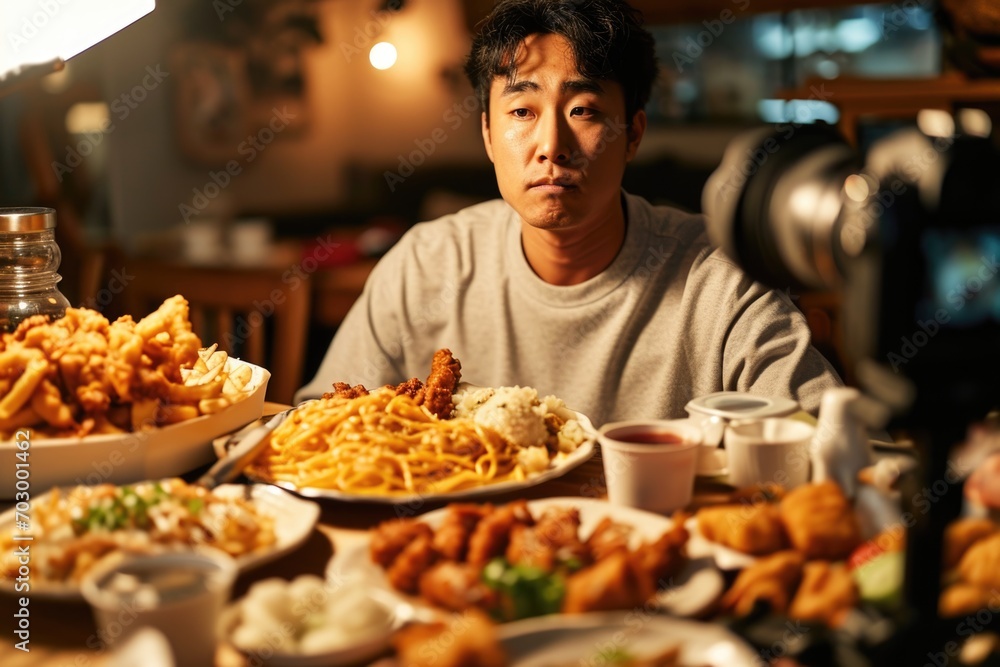 Digital mukbang culture: A man captures himself eating a variety of dishes, including spaghetti and chicken wings, as part of the popular online food video phenomenon