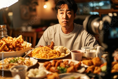 Digital mukbang culture  A man captures himself eating a variety of dishes  including spaghetti and chicken wings  as part of the popular online food video phenomenon