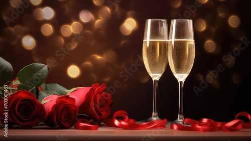 Valentines day background with champagne glasses and red roses © Didikidiw61447