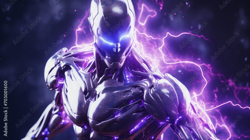 High-tech robot with purple energy in the form of lightning, AI High-tech robot with purple energy in the form of lightning, AI
