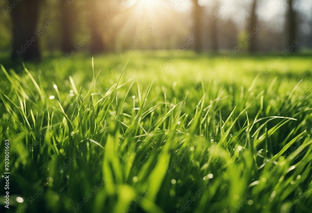 Spring and nature background concept Closeup green grass field with blurred park and sunlight Spring and nature background concept Closeup green grass field with blurred park and sunlight