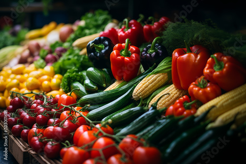 Fresh ripe colorful vegetables on display in a traditional market