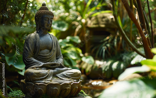 A serene Buddha statue meditating in a lotus position surrounded by a tranquil gard