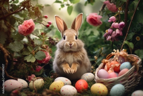 Amidst the colorful blooms and Easter eggs of spring  an Easter bunny adds a touch of magic to the forest  evoking a fairy-tale atmosphere