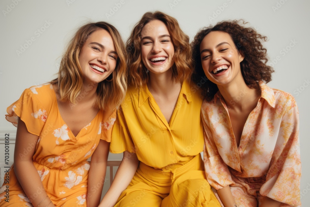 Obraz premium Group portrait showcasing young European women, set against a luminous backdrop