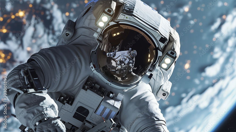 Fototapeta premium In outer space astronaut in spacesuit repairs some damage against planet backdrop