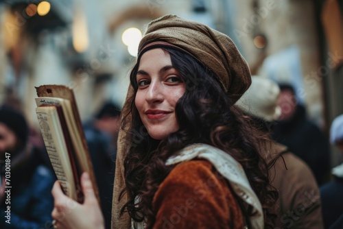 Festive Megilla Self-Portrait: A delighted woman takes a selfie holding the Megilla (Scroll of Esther) in celebration of Purim photo