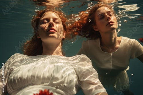 Underwater harmony: two women submerged, creating a tranquil aquatic tableau