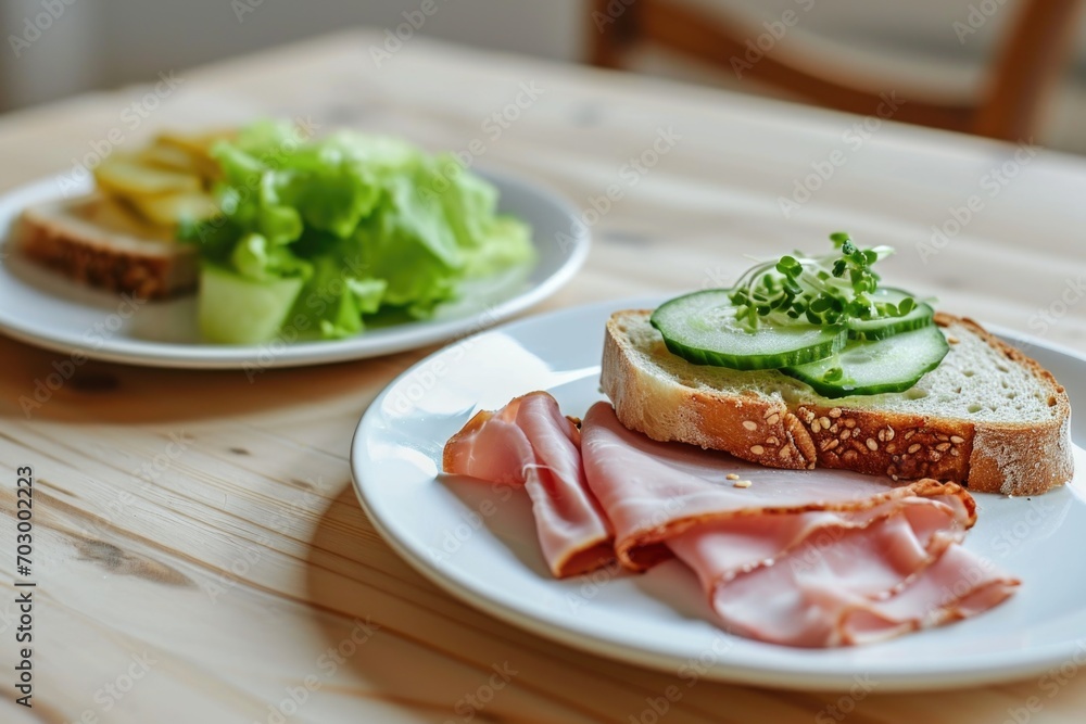 A light and uncomplicated appetizer display on a wooden table. Two white plates showcase bread with lettuce and cucumber, and bread with ham or boiled meat, emphasizing simplicity