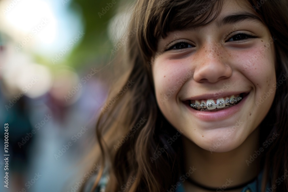 The photo captures a delighted girl with braces, radiating happiness and comfort The photo captures a delighted girl with braces, radiating happiness and comfort
