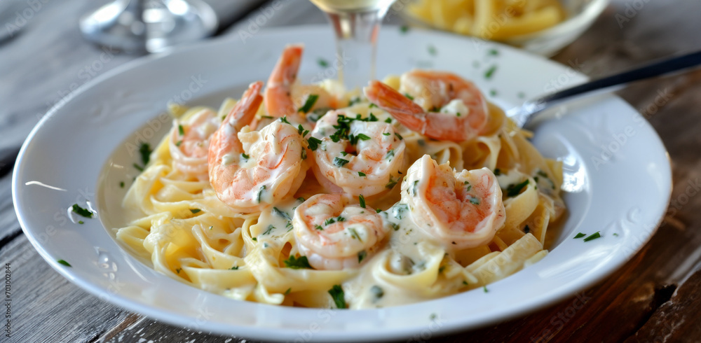 Delicious pasta garnished with creamy garlic sauce and juicy shrimp Delicious pasta garnished with creamy garlic sauce and juicy shrimp