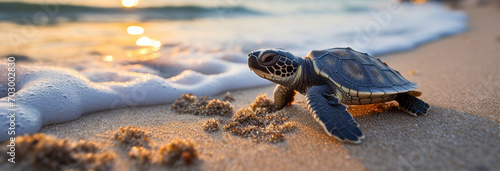 a turtle in the sandy shore of the ocean. turtle on the shore of the sea. high quality photo