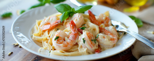 Delicious pasta garnished with creamy garlic sauce and juicy shrimp