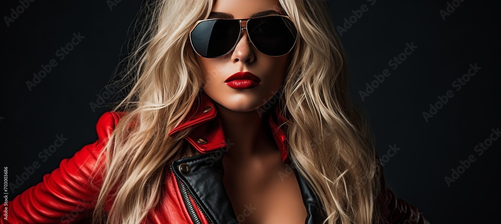 Fashionable girl as female santa claus with sunglasses in trendy attire, exuding elegance Fashionable girl as female santa claus with sunglasses in trendy attire, exuding elegance