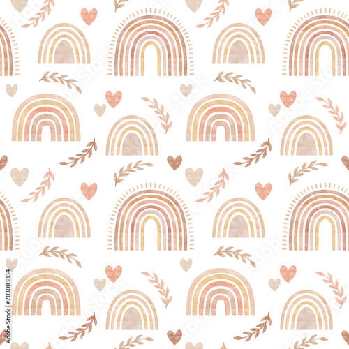 Rainbow seamless pattern in boho style with neutral brown and pink rainbow, sun, heart background elements. Boho nursery decor.