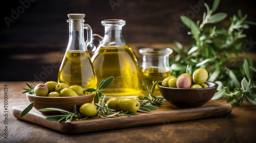 Organic homemade olive oil on blurred defocused background with copy space for text placement
