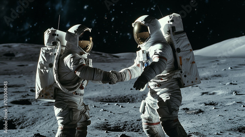 A handshake across space: astronauts symbolize global cooperation on the moon photo