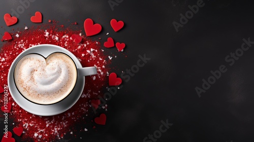 Romantic cup of latte coffee with heart shaped art on foam, top view love background