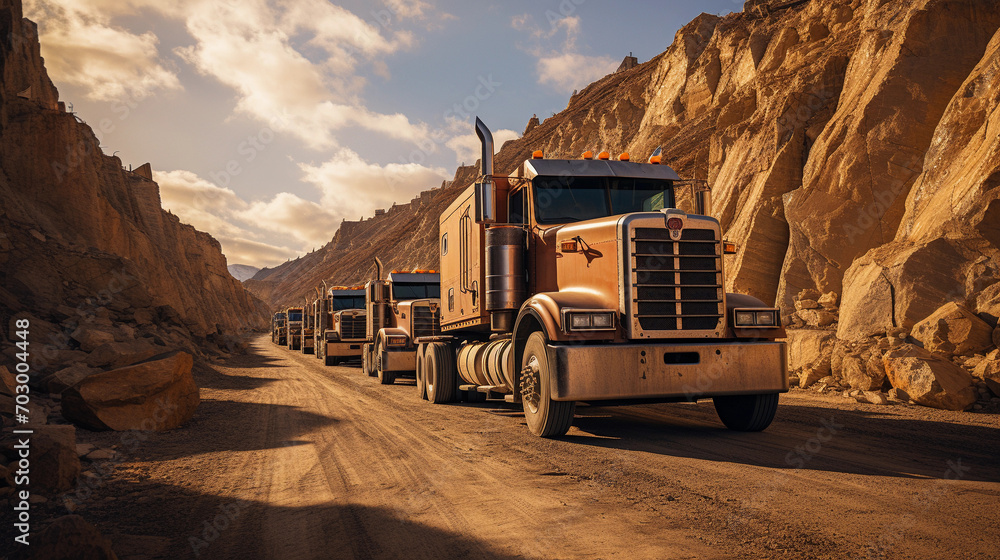 American Trucks Traveling on a Sandy Road Between Mountains