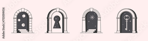 Vector mystic logo design templates with portal,steps,planets,outer space,stars,key,keyhole.Surreal abstract illustrations in trendy minimal outline style.Celestial emblems.Branding design templates.