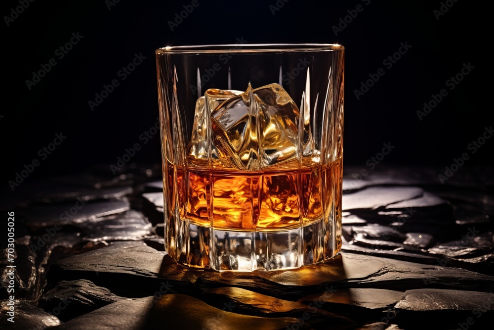 Elegant whisky glass with golden liquid, isolated on black background, ideal for text placement