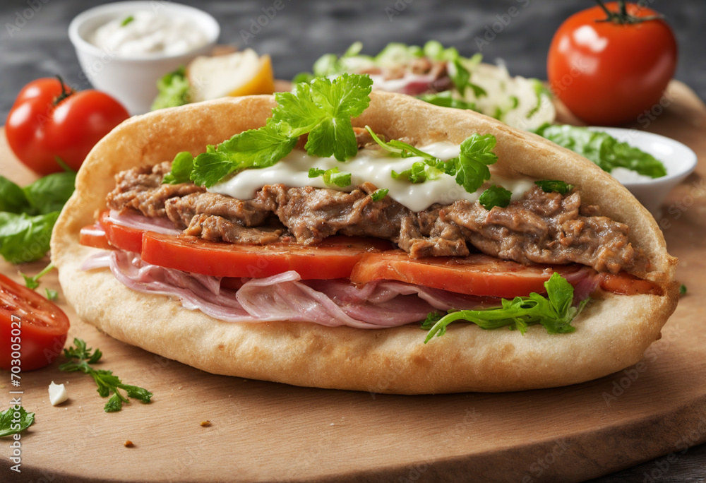 Crispy Pita with Char-Grilled Gyros and Assorted Veggies with Garlic Dressing Crispy Pita with Char-Grilled Gyros and Assorted Veggies with Garlic Dressing