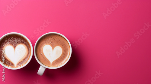 Two Coffee Cups with Milk Heart inside on Purple Background