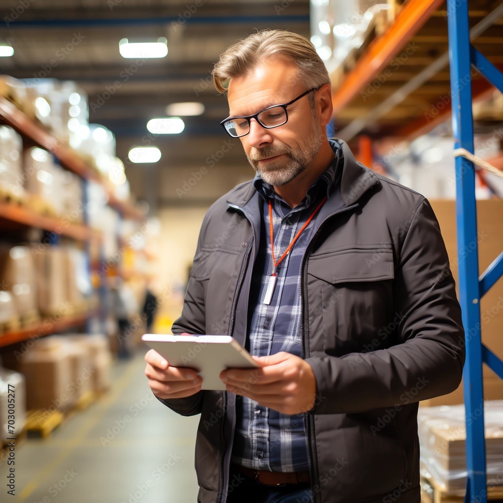 A middle-aged man stands in a warehouse with a tablet computer and checks the statements for the presence of goods A middle-aged man stands in a warehouse with a tablet computer and checks the statements for the presence of goods