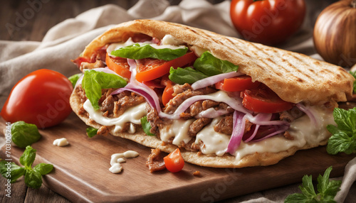 Crispy Pita with Char-Grilled Gyros and Assorted Veggies with Garlic Dressing
