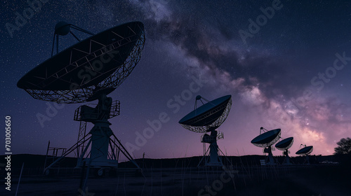 Set of big antennas reach for the cosmos at the observatory under cosmic sky