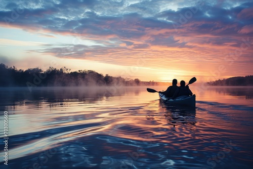 A couple kayaking on a tranquil lake at dawn, the water reflecting the colors of the sunrise, sharing a moment of peace and connection in the great outdoors.