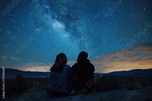 A couple stargazing in a remote location, the vastness of the night sky a canvas for their dreams and the shared wonder of the universe's mysteries. photo